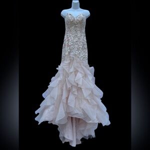 Rose Pink & Silver Strapless Embroidered Ruffle Gown – Size 4 | Divas & Queens